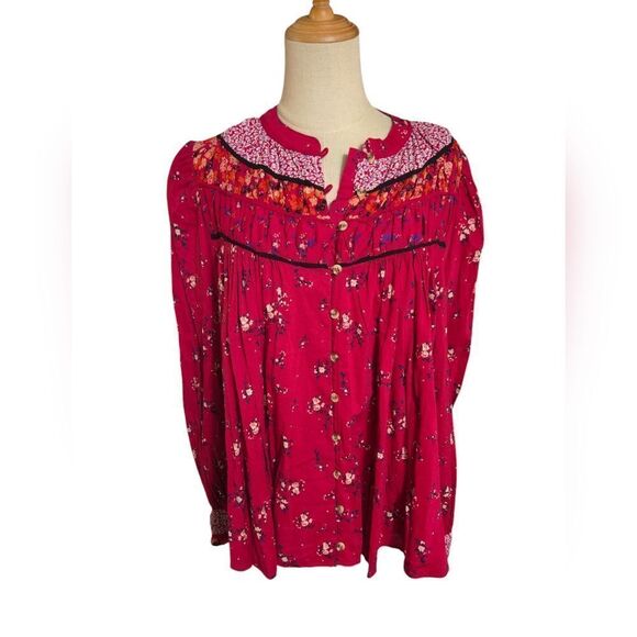 Free People Tops - Free People Red Button Front Relaxed Fit Boho Peasant Top